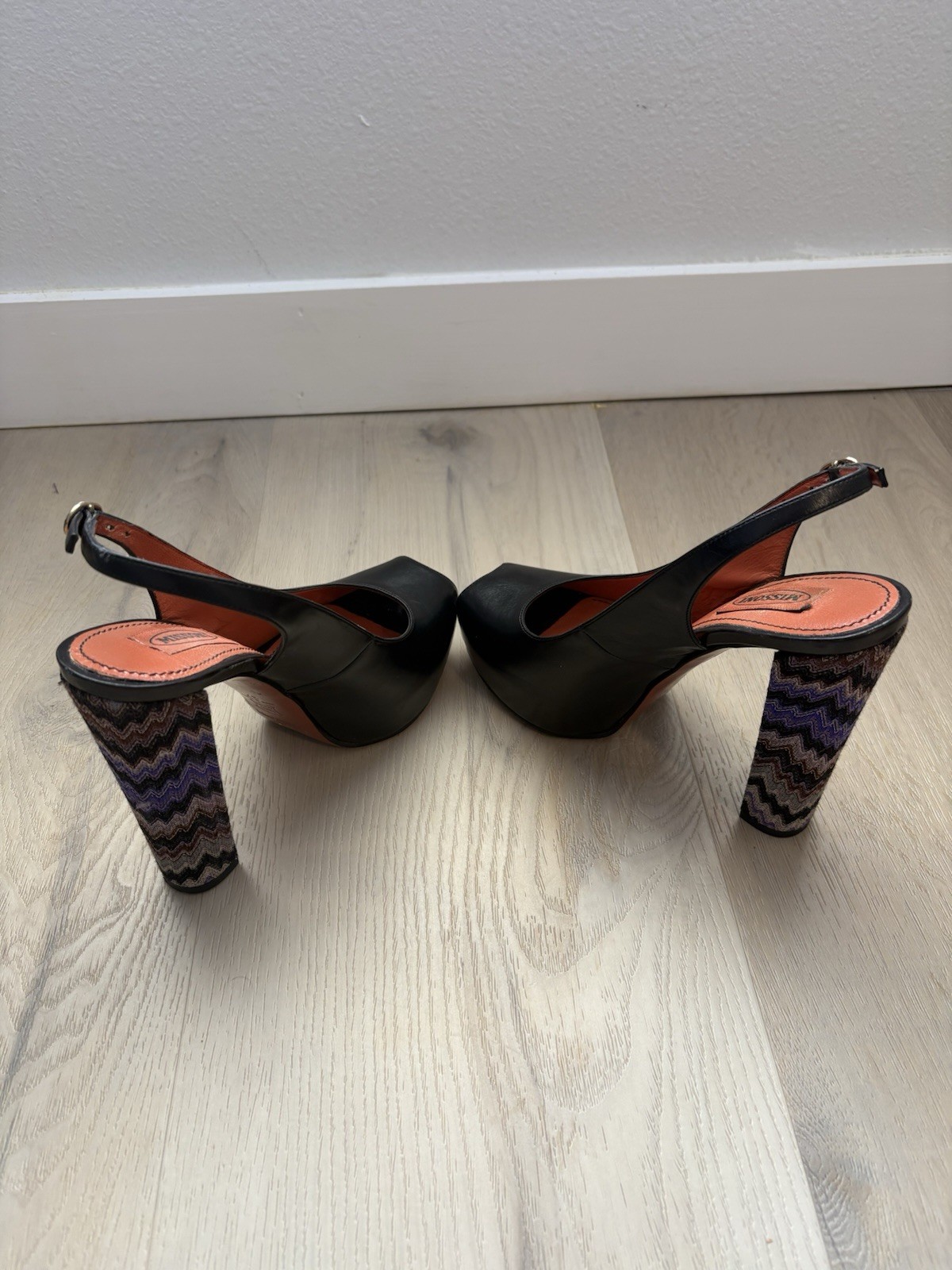 Missoni Black Chevron Leather Platform Peep Toe Slingback Buckle EU 37 US 7