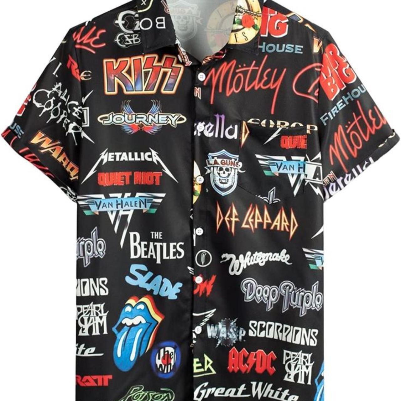 Mens Rock Shirts Band Collage Printed Shirt for Men Short Sleeve Punk