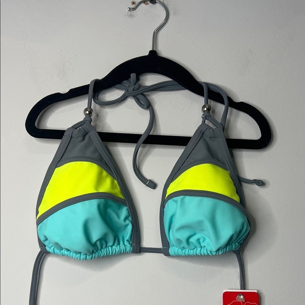 NWT Gossip Women Gray Neon Green Blue Bikini Triangle Swimsuit Top Beach Medium