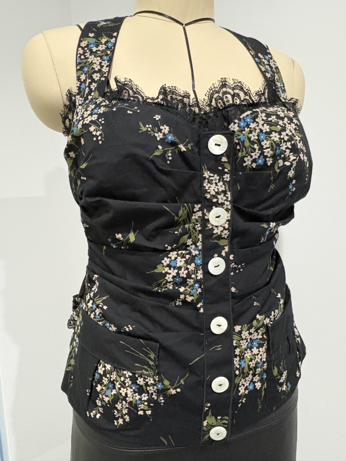 BNWT Dolce & Gabbana Black Floral Print Cross Back Lace Trim Corset – Size IT 44