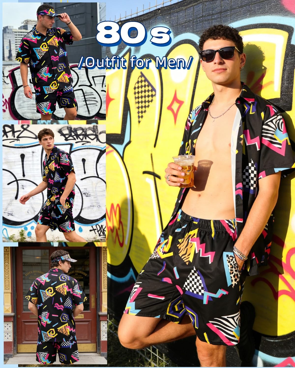 80s 90s Outfit For Men Retro Hawaiian Shirts Short Set Tracksuit Costume Visor