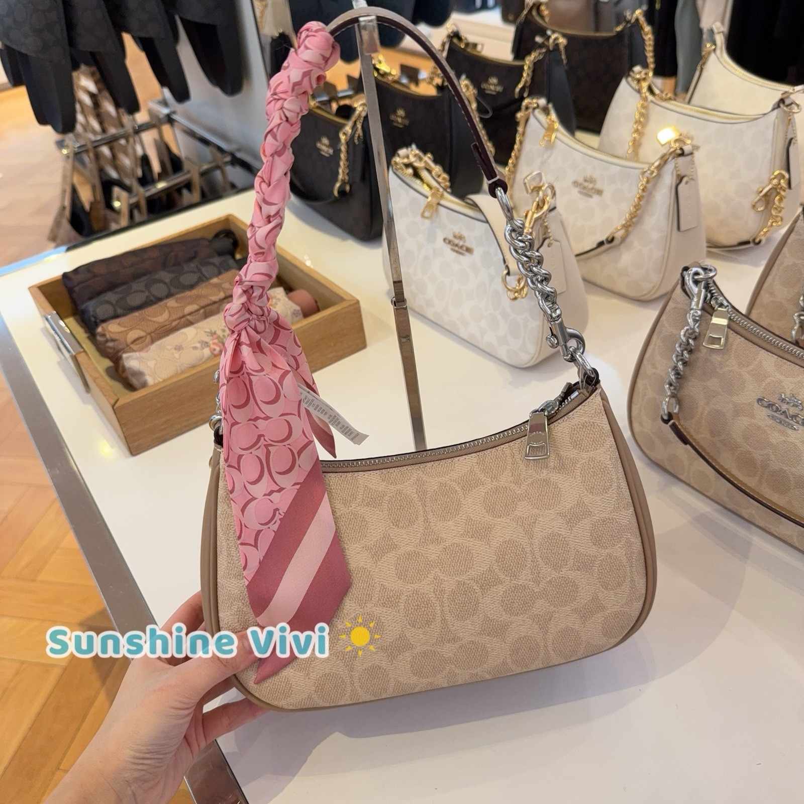 NWT bundle Coach Teri Shoulder Bag cv933 Sand & CCN71 Silk Skinny Scarf pink