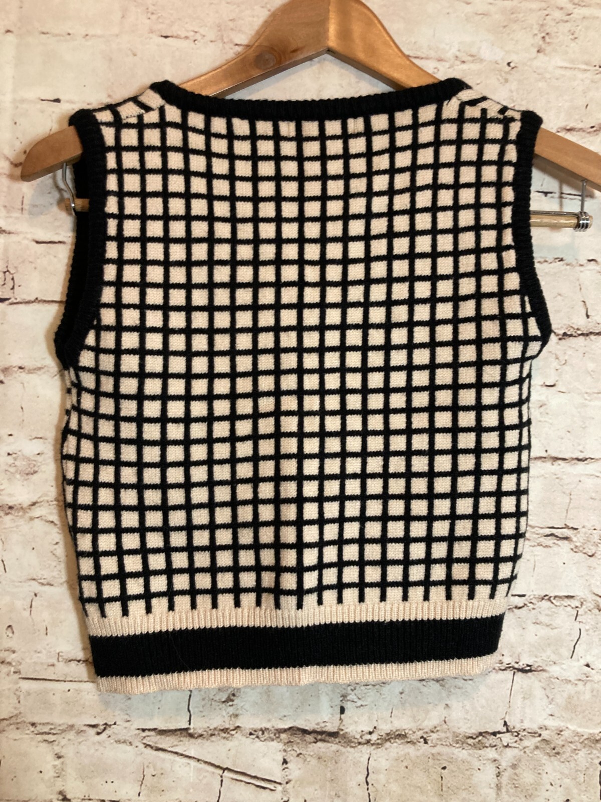 Romwe Top Womens Small Black & Tan Check Knit Cropped Stretch Academia