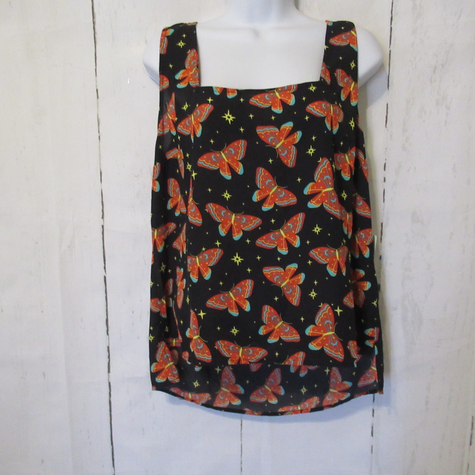Modcloth Top L Black Butterfly Print Sleeveless Tank Square Neck