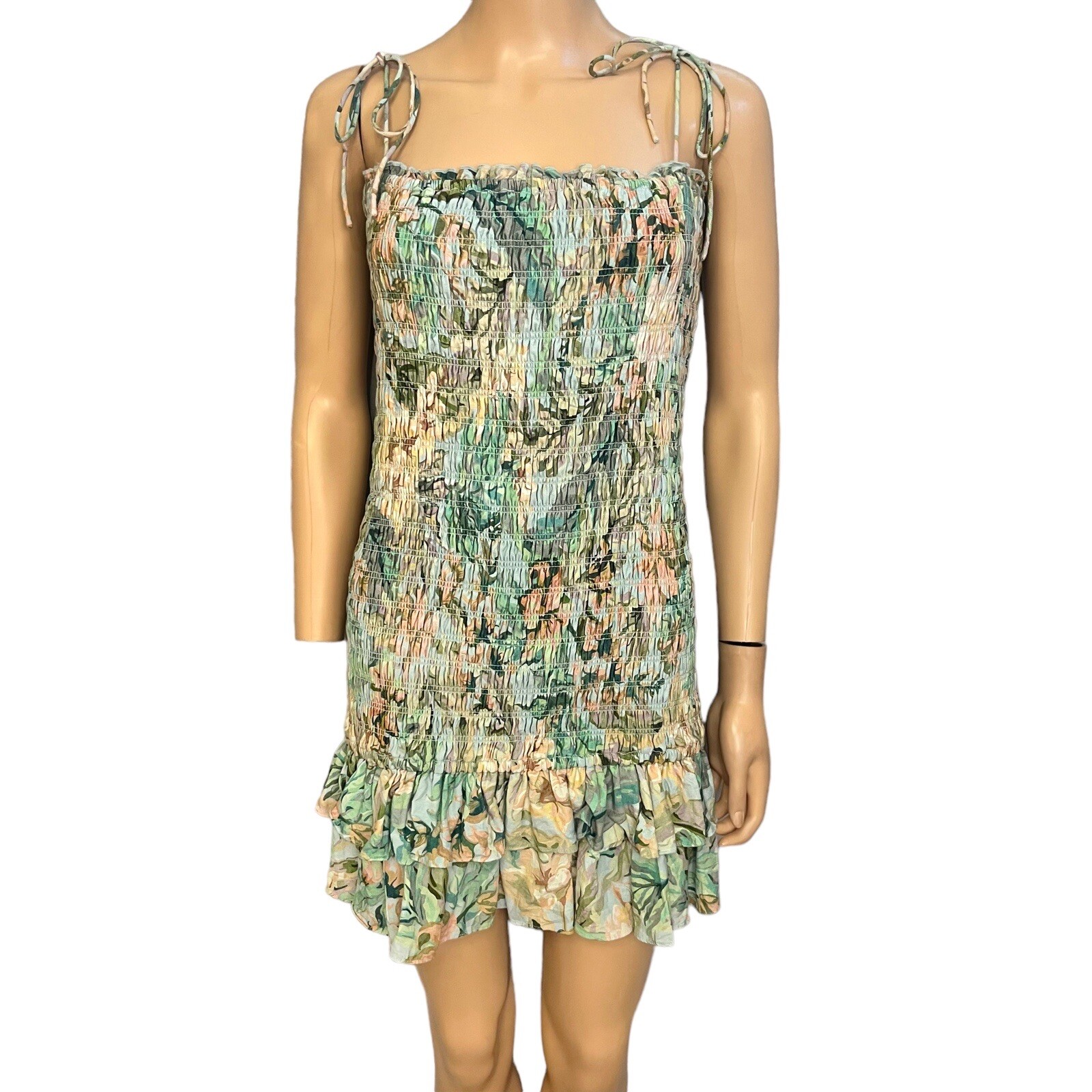 Significant Other Smocked Mini Dress Floral Tied Strap Ruffle Hem Linen 8 US