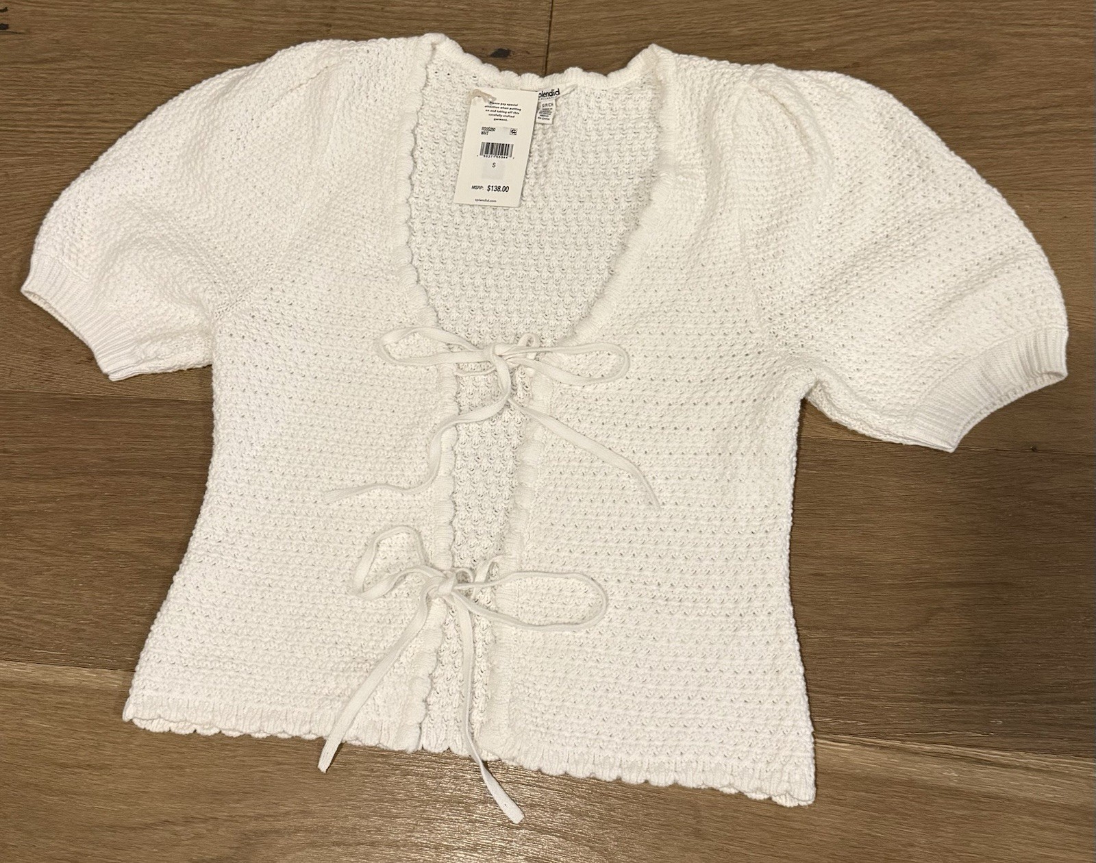 Splendid White Open-Knit Tie-Front Puff Sleeve V-Neck Cardigan Sweater S