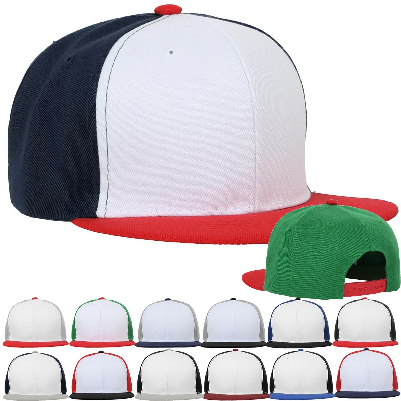 Mens Snapback Baseball Cap Plain Blank Snap Back Hat Three Tone Casual Basic