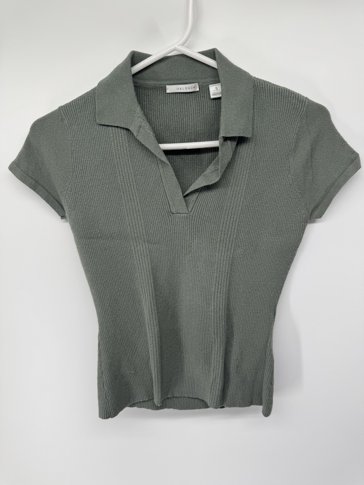 Halogen Sweater Womens Small Green Collared Short Sleeve Ribbed Stretch Knit Top