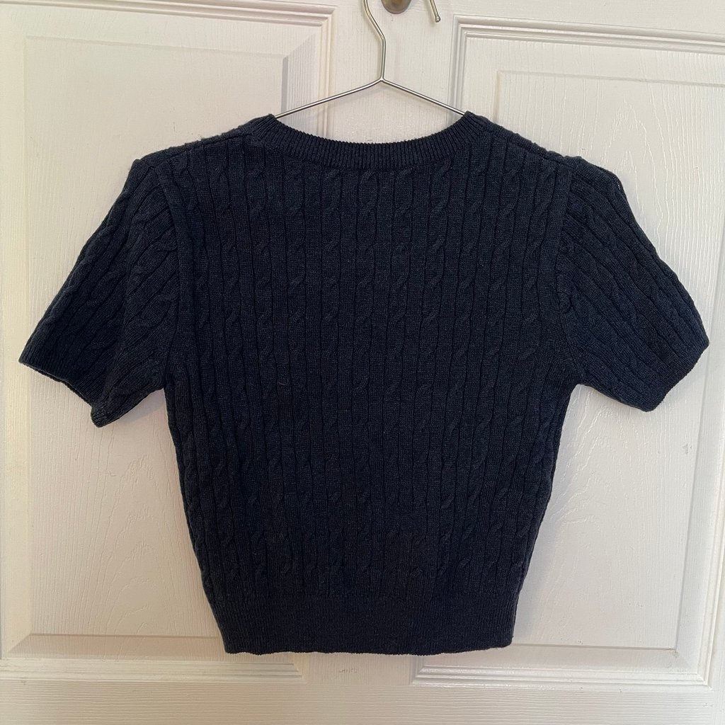 One Size Navy Cropped Preppy Style Cable Knit Short Sleeve Sweater from Korea