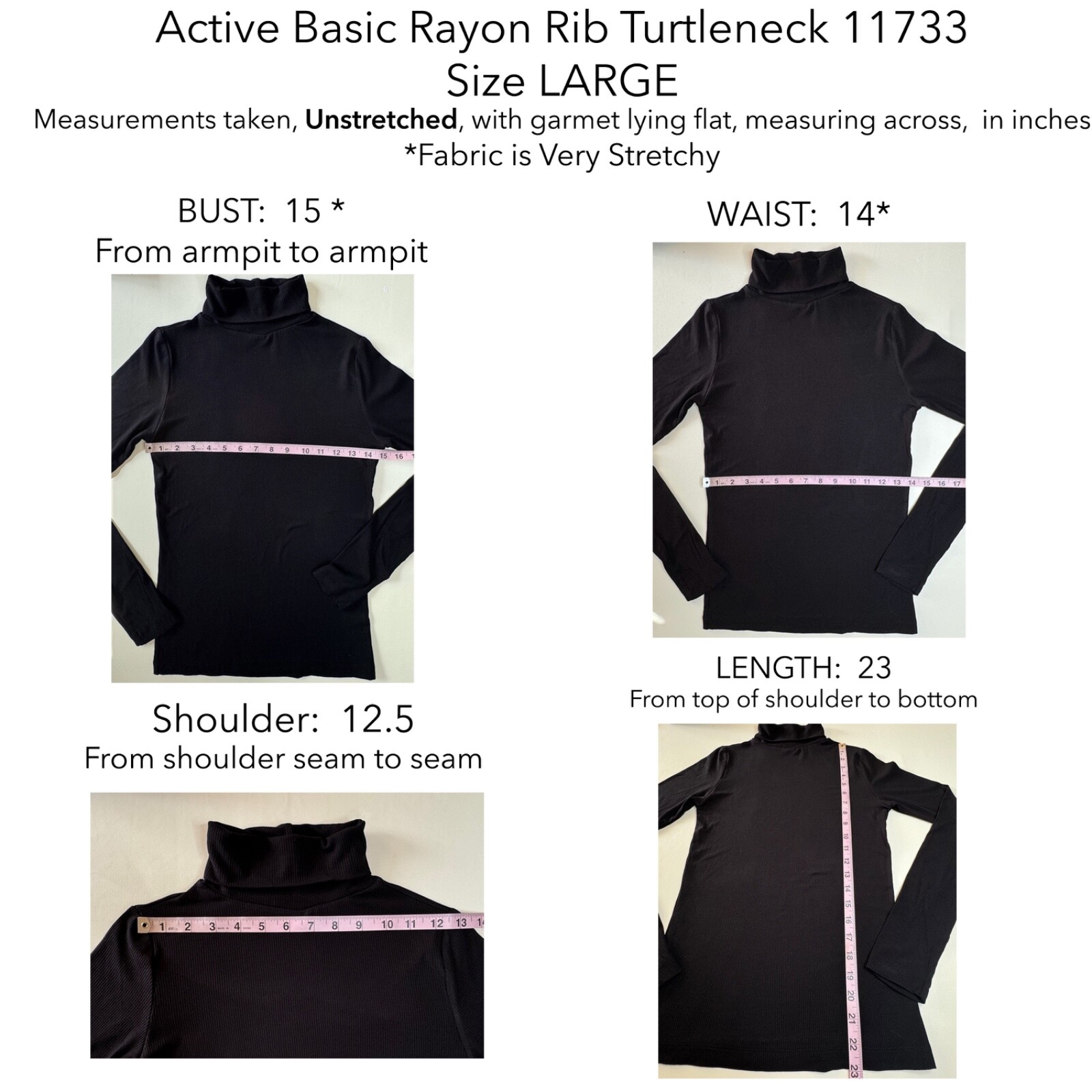 Active Basic 13174 Rayon Ribbed Knit Turtleneck Long Sleeves Form Fit Stretchy