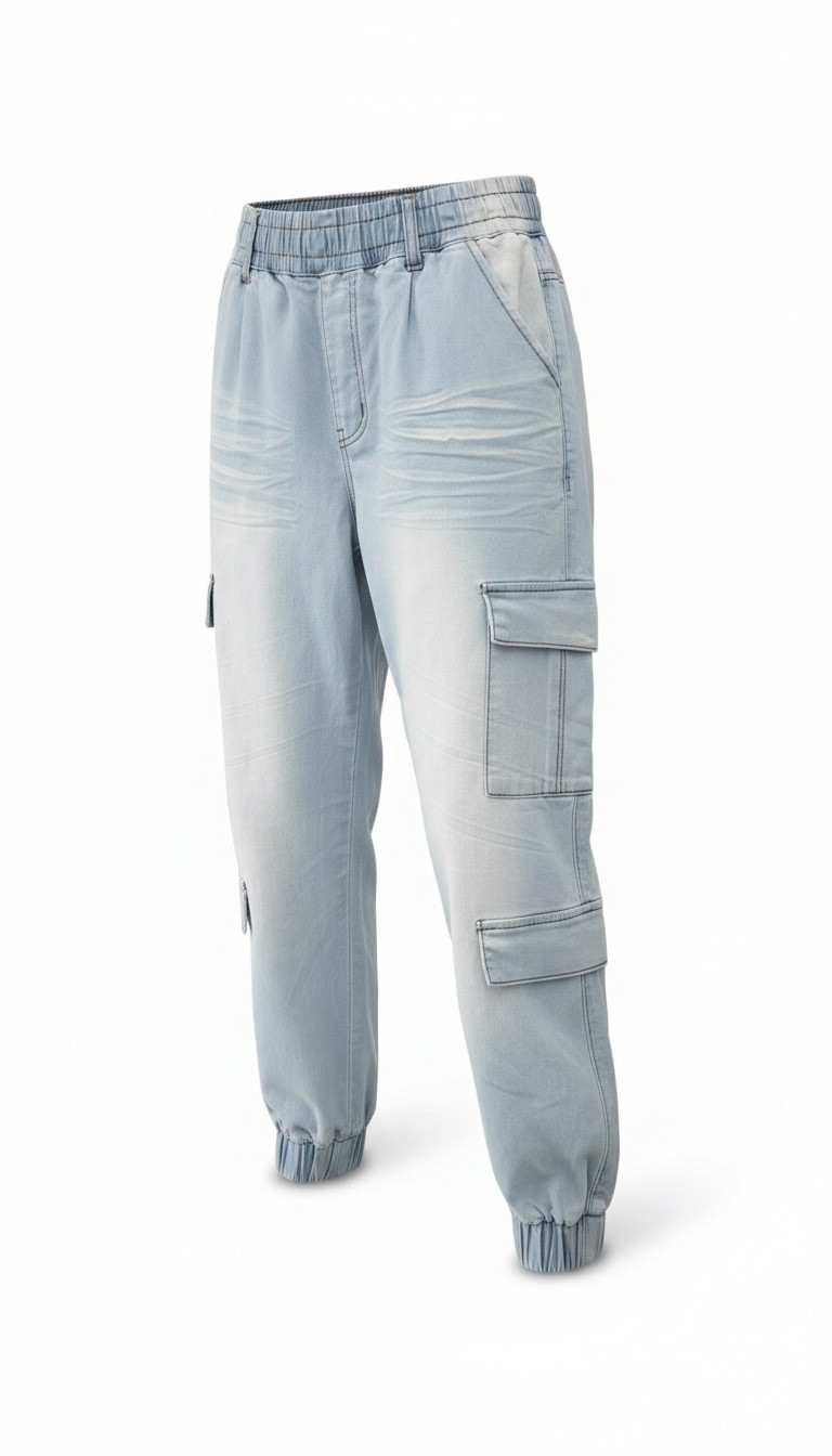 V.I.P. Women’s Denim Jogger Cargo Pants Size 9/29 Light Wash Elastic Cuff