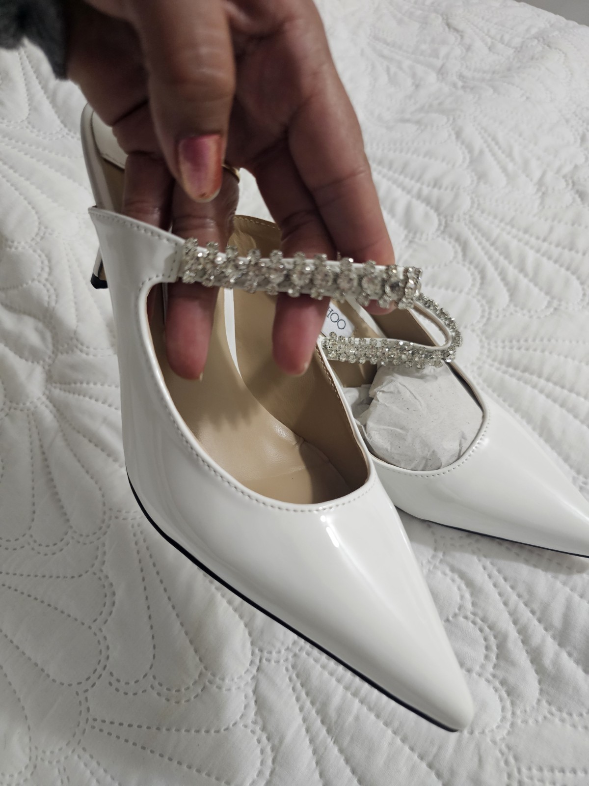 White Patent Leather Pointed Toe Mule Heels Rhinestone Straps US 7.5