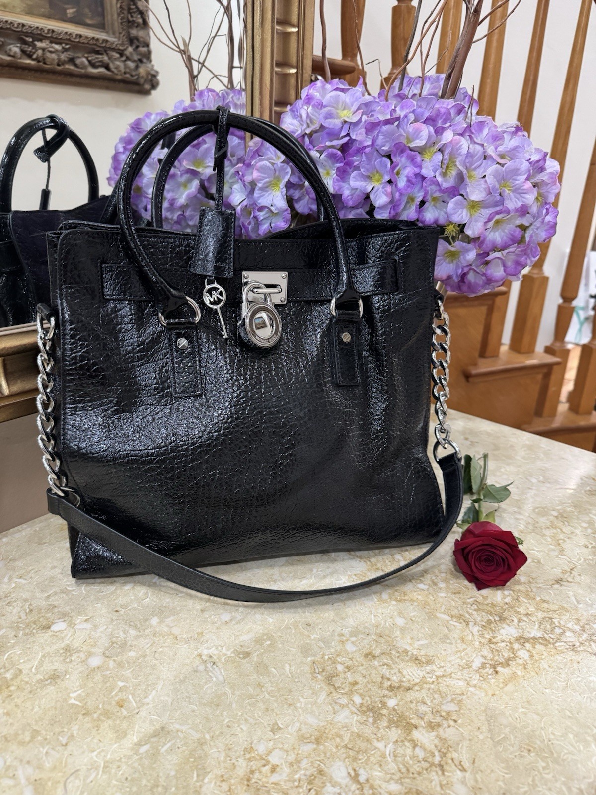 Michael Kors Women’s Large Black Top Handle Bag, Chain Strap, Silver Hardware