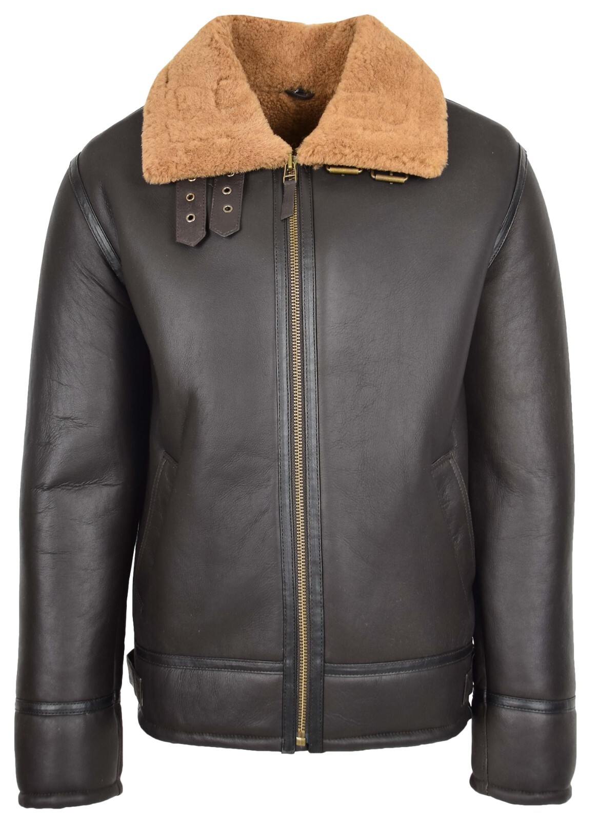 Mens Sheepskin Leather Jacket Real Ginger Shearling Lined Top Gun Aviator Brown