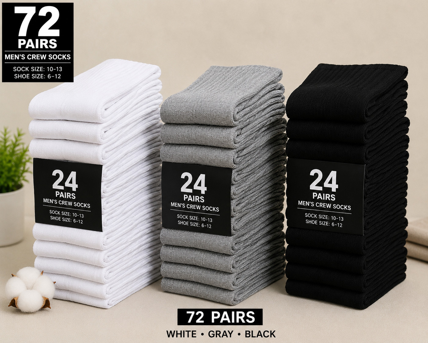 72 Pairs Men?s Crew Socks White Gray Black Bulk Lot New Unisex