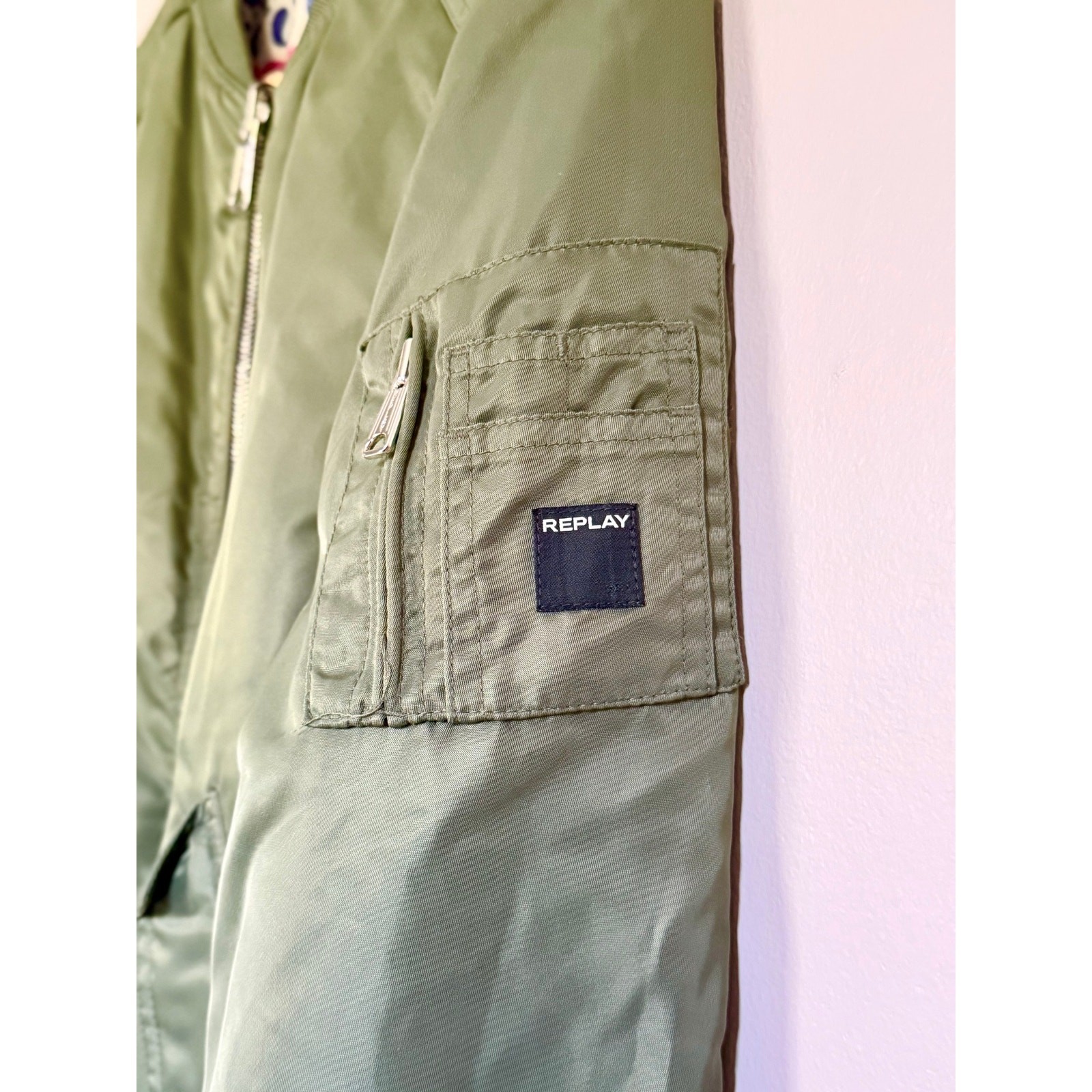 Replay Reversible MA-1 Bomber Jacket Small Olive Green Lotus Goddess Graphic
