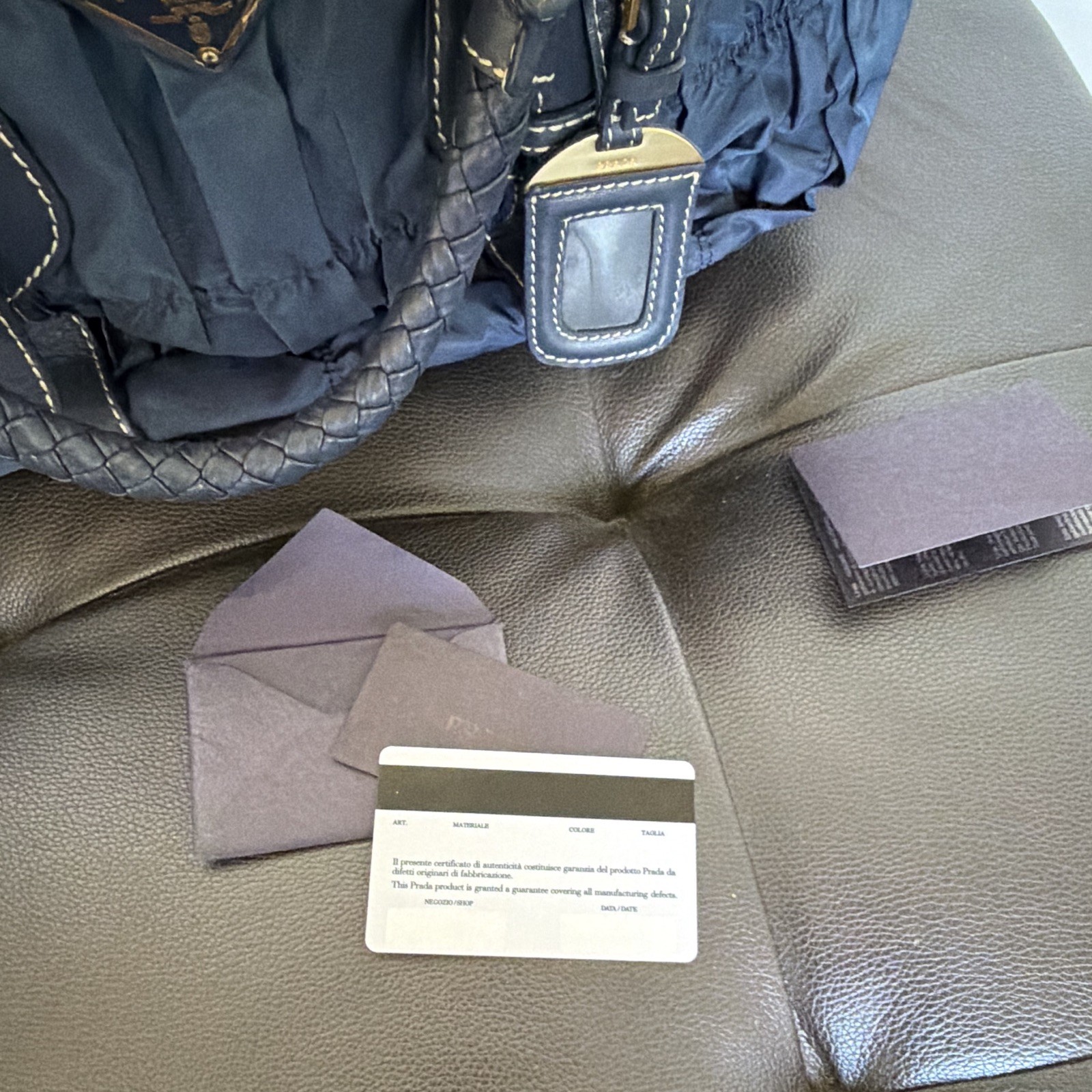 PRADA Blue Quilted Top Handle Bag, Braided Handles, Gold Zip, Auth Card
