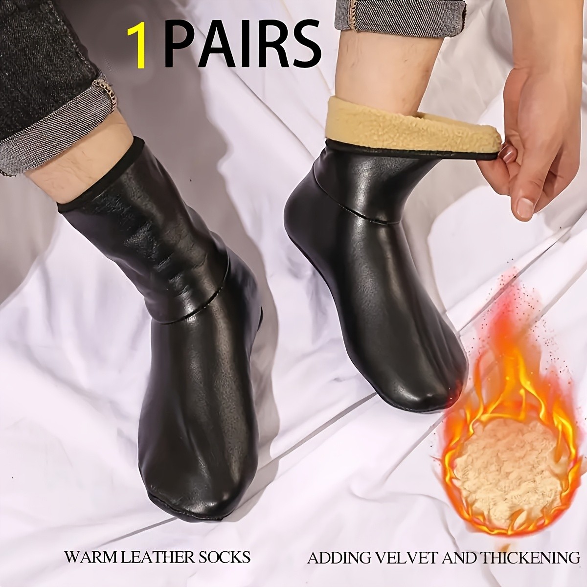Unisex PU Leather Slipper Socks Thermal Fleece Lined Winter Warm Floor Booties
