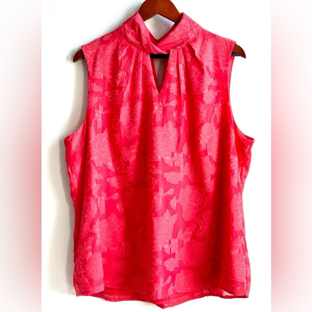 KENAR Bright Red Floral Sleeveless Keyhole Twisted Mock Neck Blouse Women’s XL