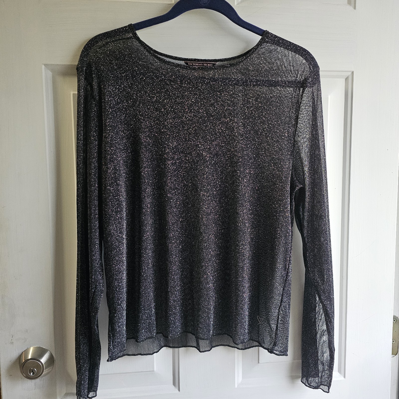 Victoria’s Secret Sheer Metallic Shimmer Long Sleeve Top Black Silver M/L