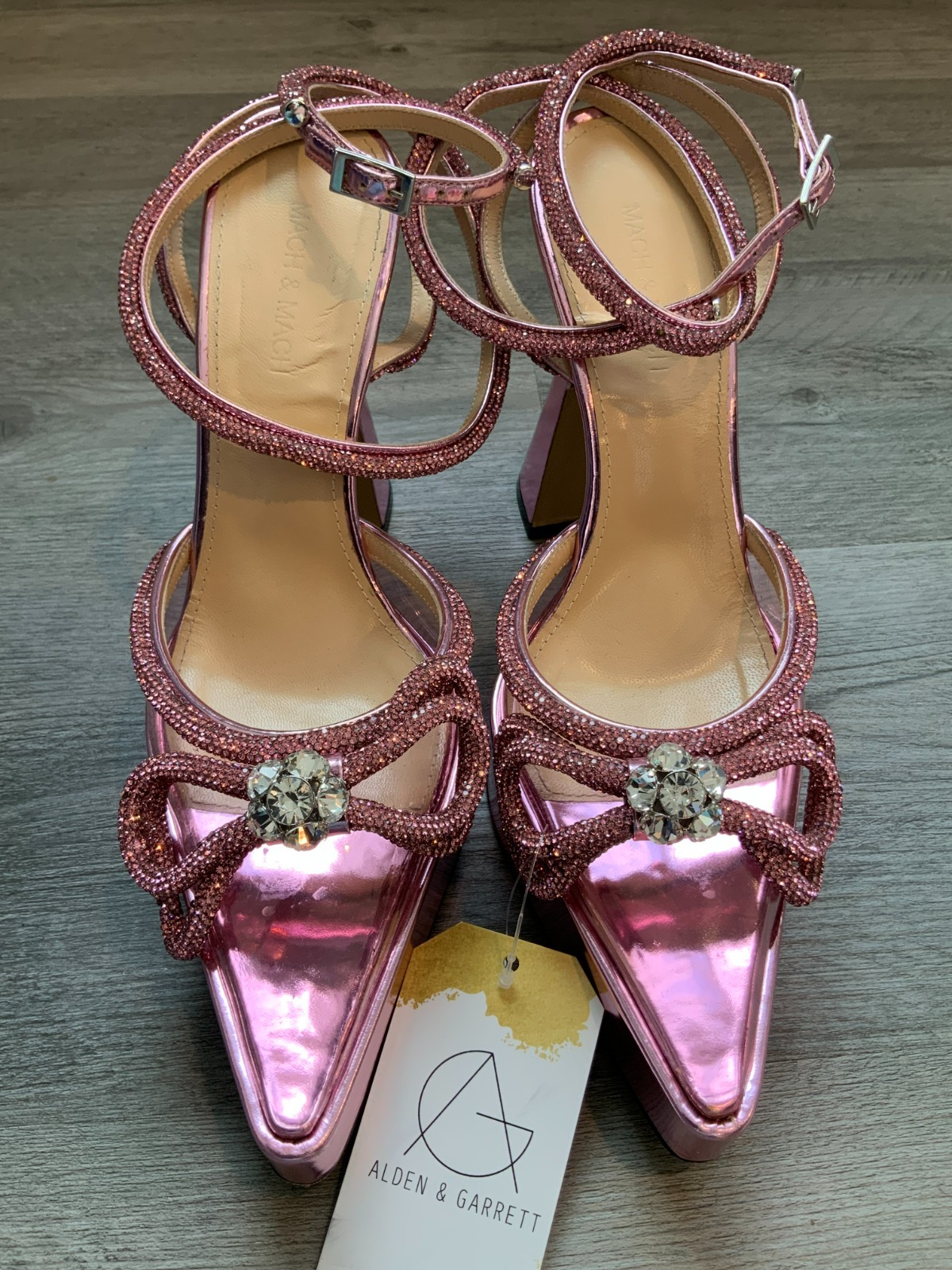 Mach & Mach Pink Double Crystal Bow Platform Pumps, Size 40 | 10