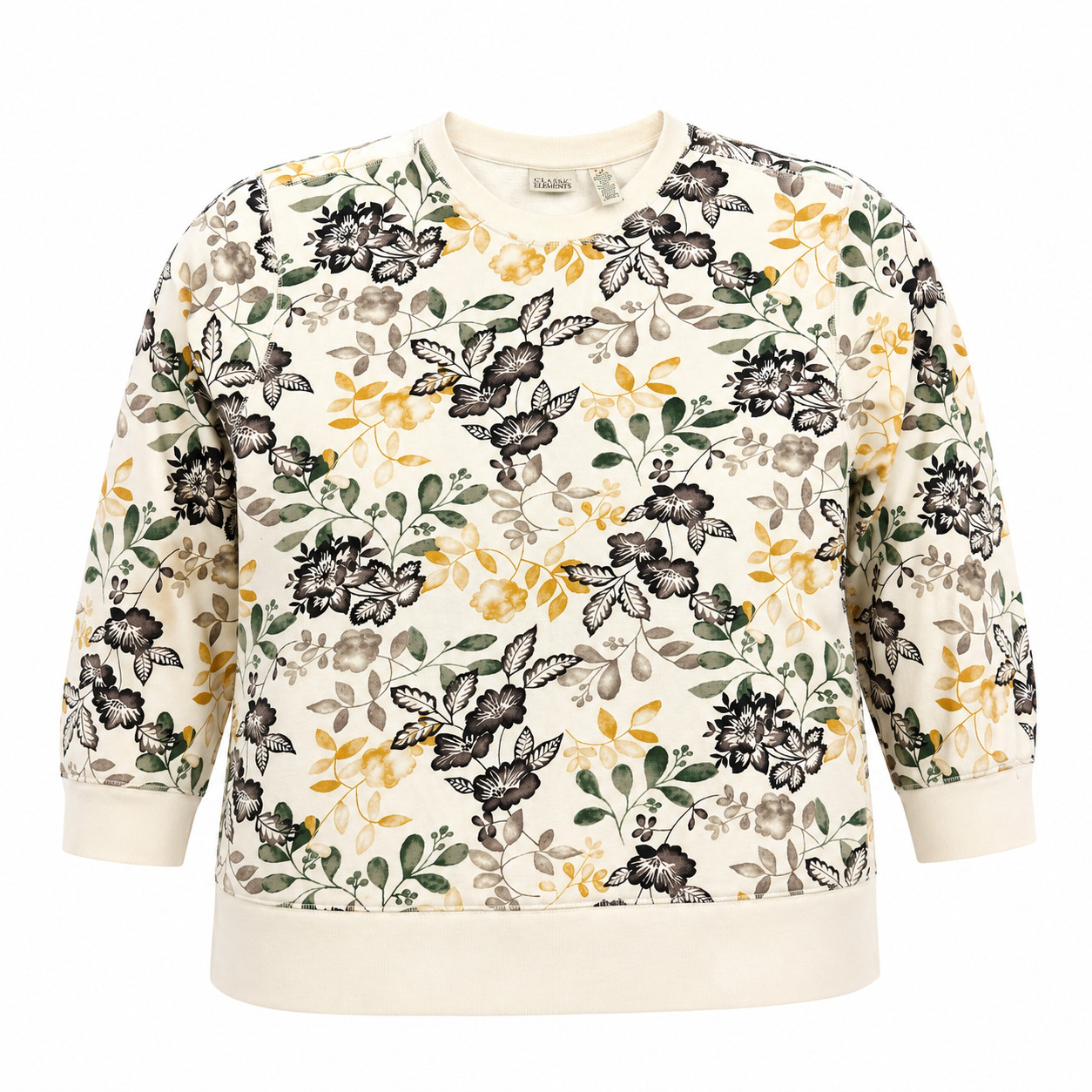 Classic Elements Women’s L Floral Fleece Sweatshirt Ivory Crewneck Pullover