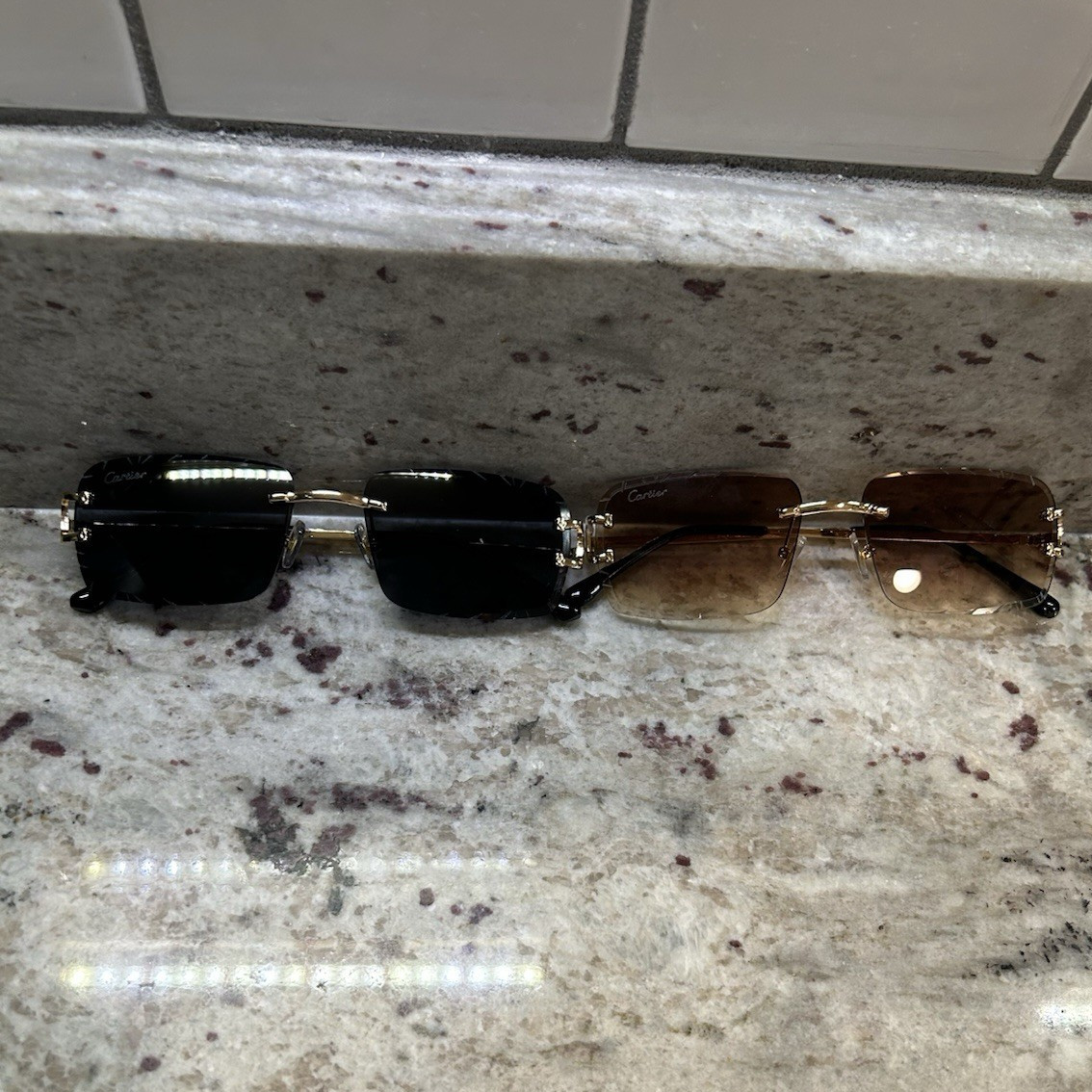 Men’s Rimless Rectangle Sunglasses Gold Metal Frame Brown Tinted Plastic