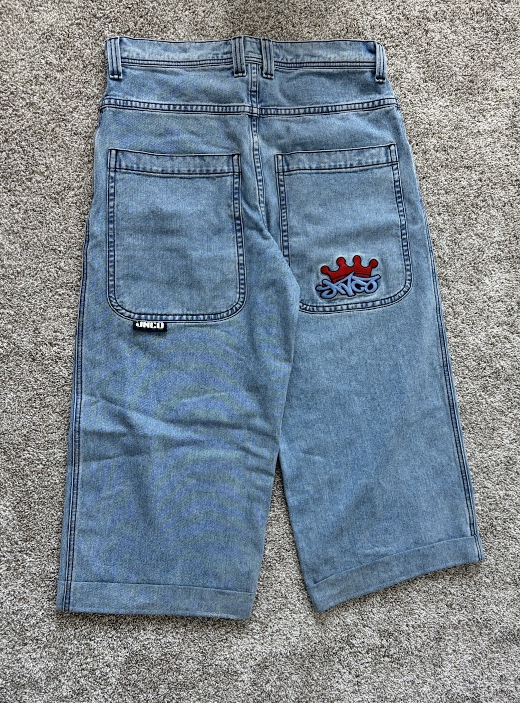JNCO Men’s Blue Wide-Leg Denim Jeans Relaxed Fit Mid Rise Logo 5-Pocket