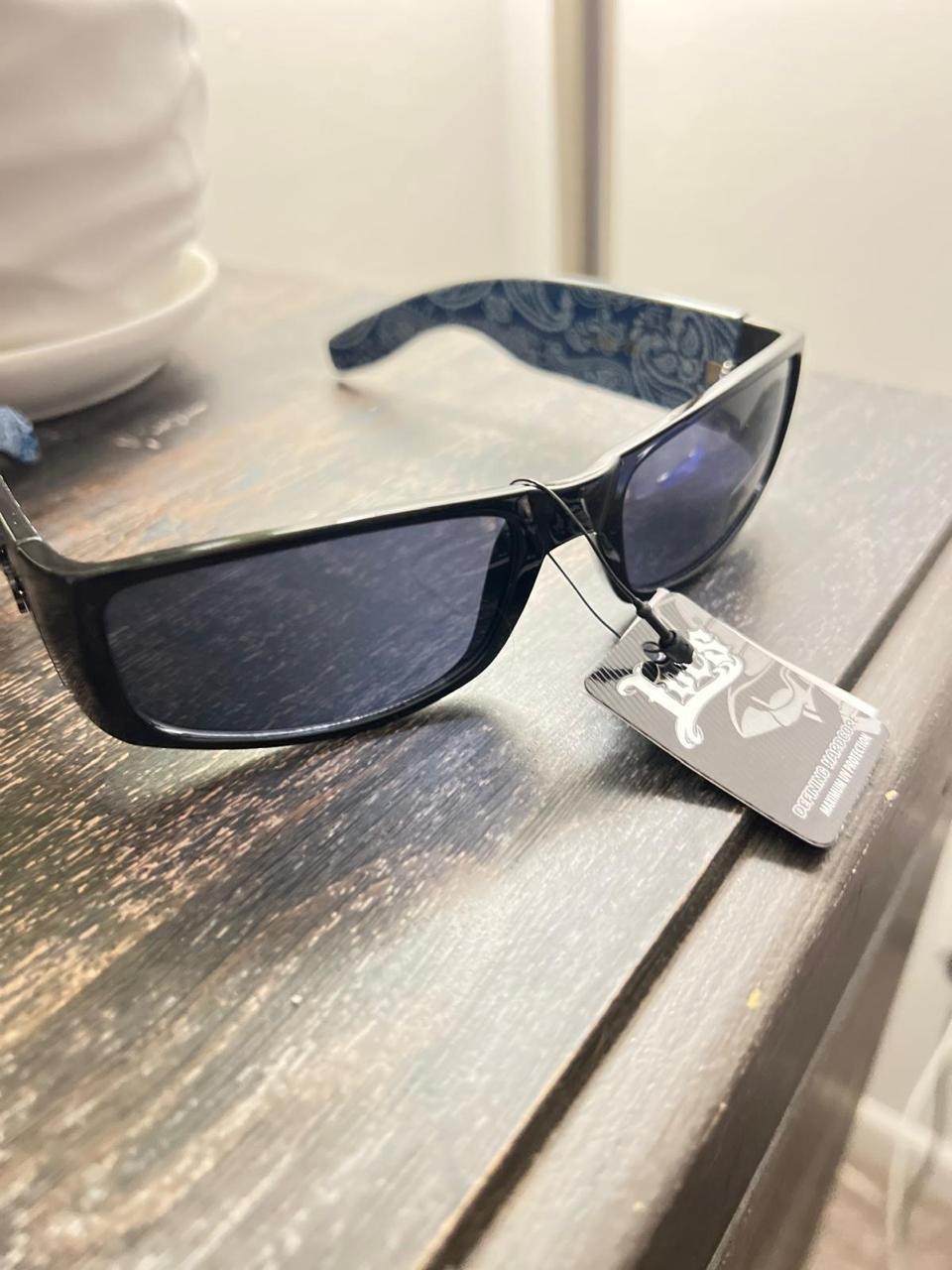 Locs Hardcore Sunglasses – Black Frame with Blue Paisley Interior – UV Protectio