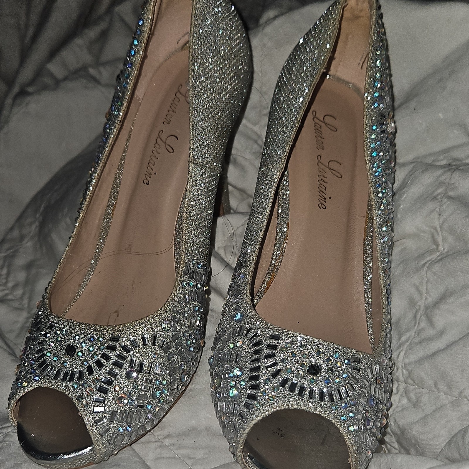 Lauren Lorraine Silver Rhinestone Glitter Peep Toe Stiletto Slip-On Pumps