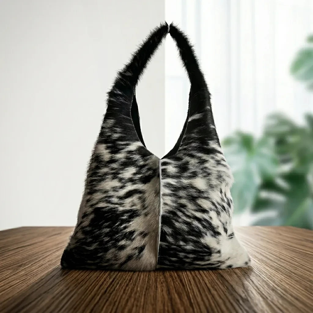 Natural Black Cream Brindle Hair-On Cowhide Leather Bag — Premium Cowhide Hair