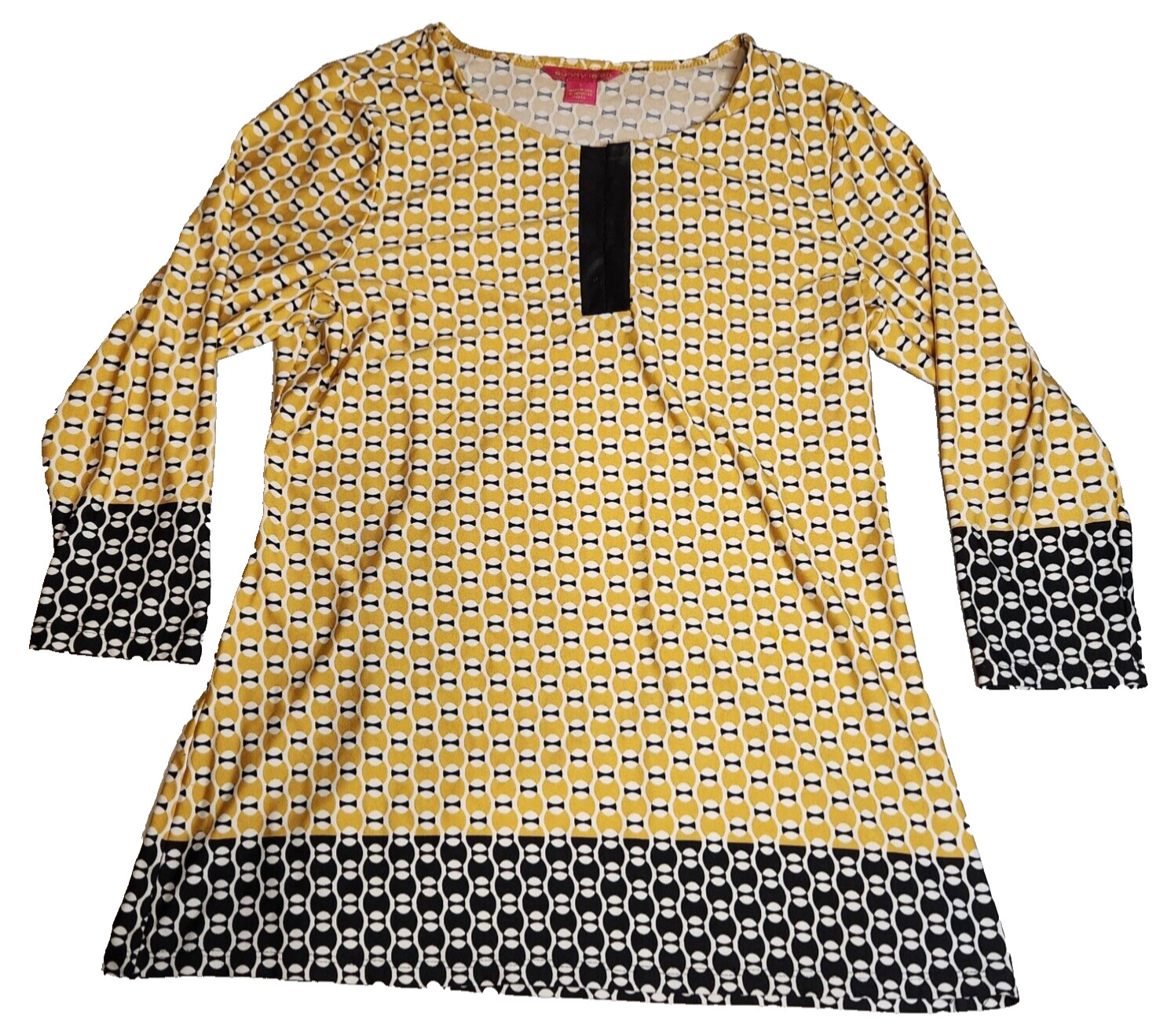 Sunny Leigh Womens Tunic Top Sz L Yellow Black White 3/4 Sleeve 80 90s Stretch
