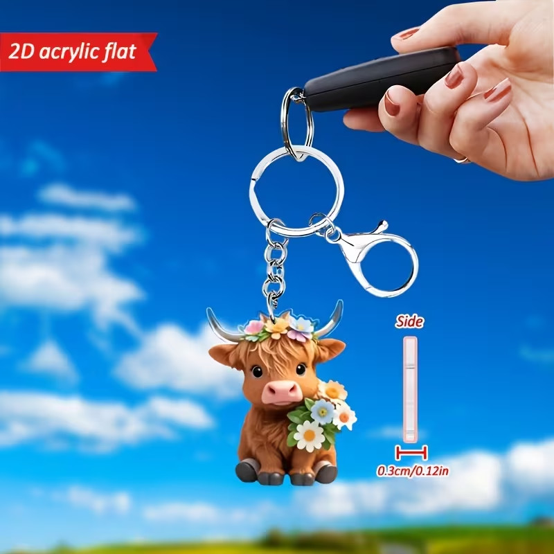 2D Plane, 1 Highland Cow Design Keychain