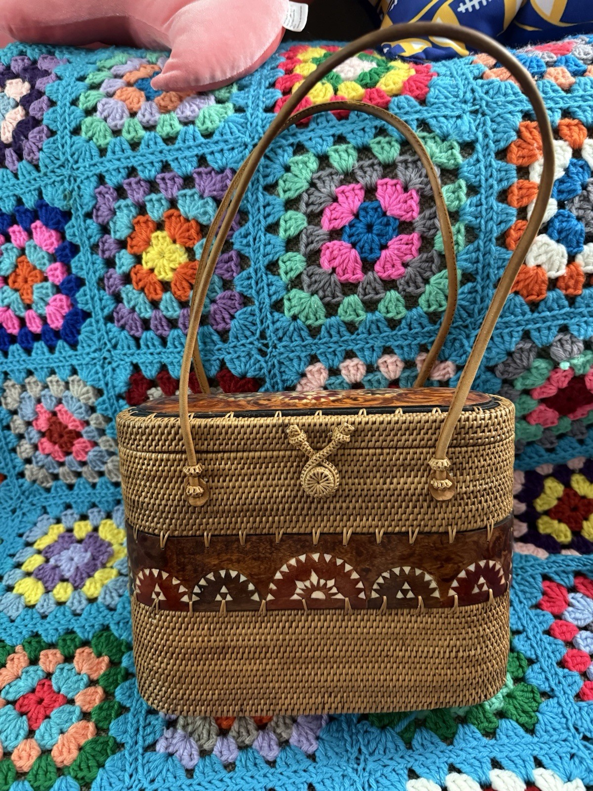 Dewi Tan Bag Medium Double Handles handcrafted woven rattan artisan