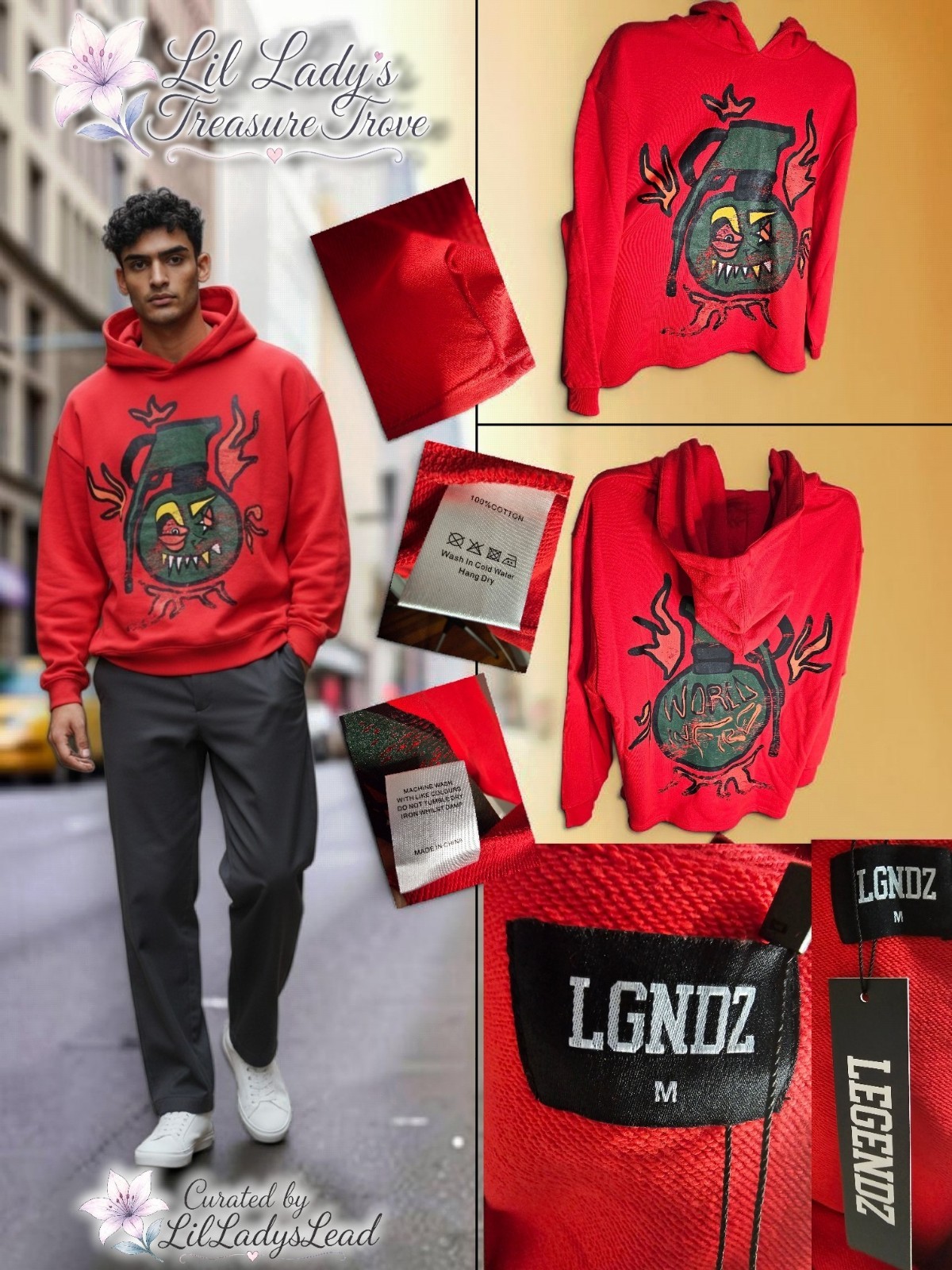 BNWT RARE LGNDZ ‘Evil Granade’ Red Oversized Cropped Hoodie – Size M Streetwear