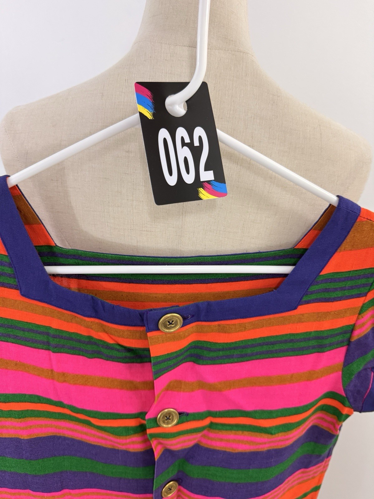 Vintage 1960s Gay Gibson Rainbow Stripe Shift Sheath Dress Mod GoGo Button Up