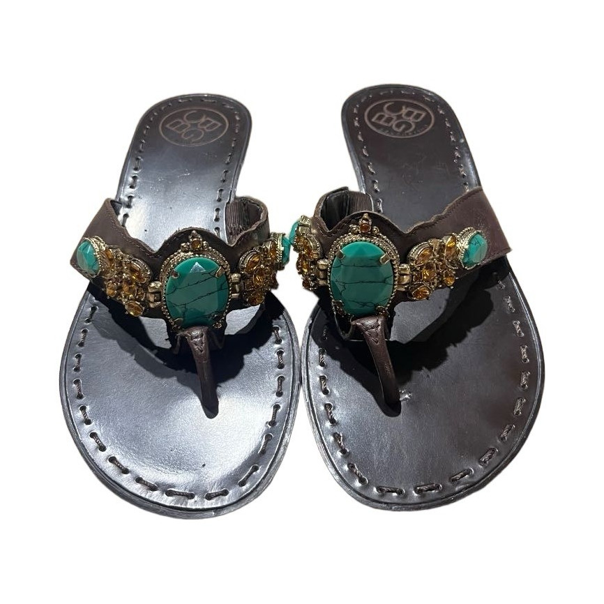 BCBGeneration Women’s Leather Thong Slip-On Sandals Brown/Turquoise Beaded 6.5