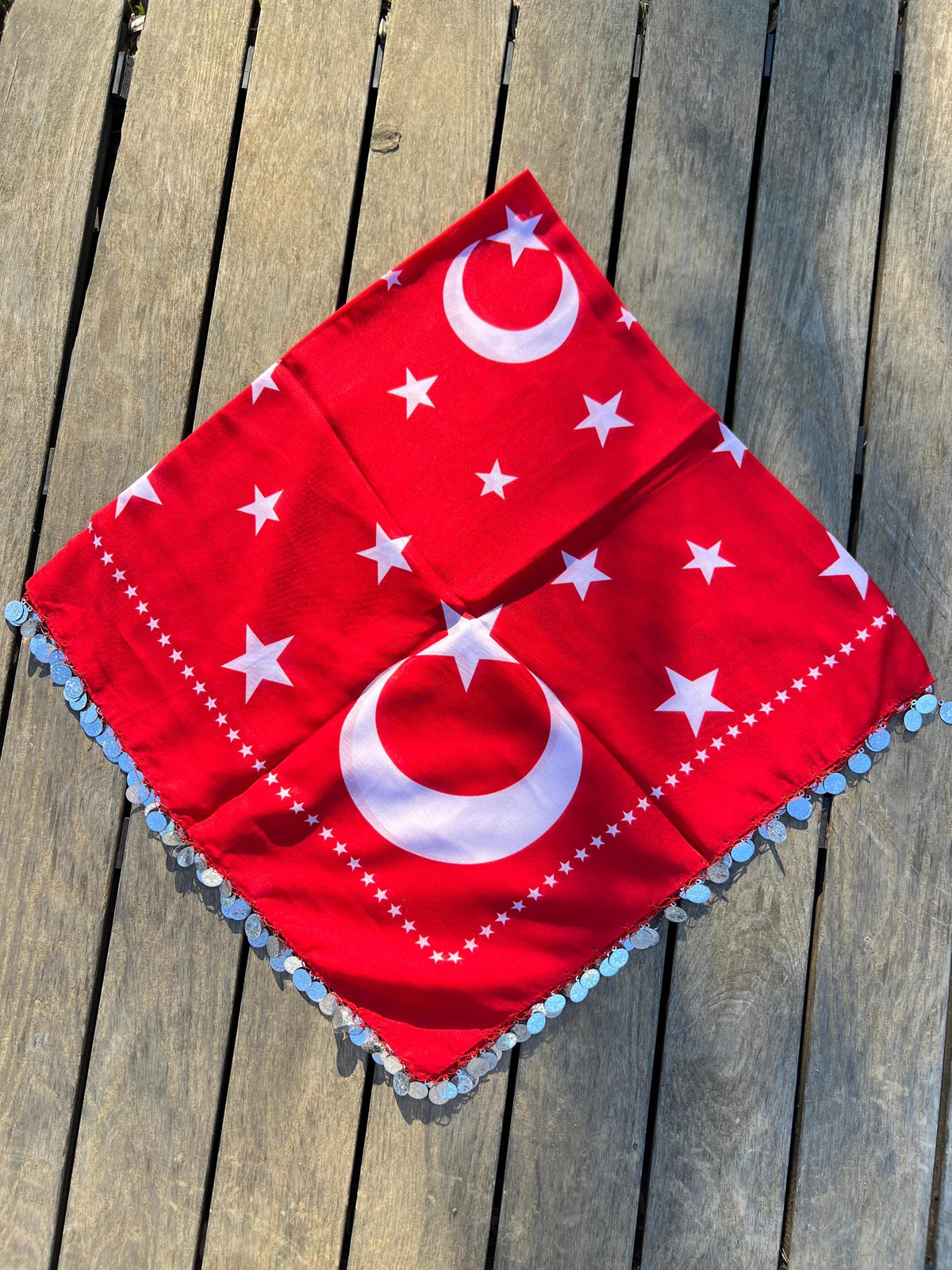 Handmade Red Turkish Flag Beaded Headscarf Yazma 100×100 cm Unique Boho Vintage