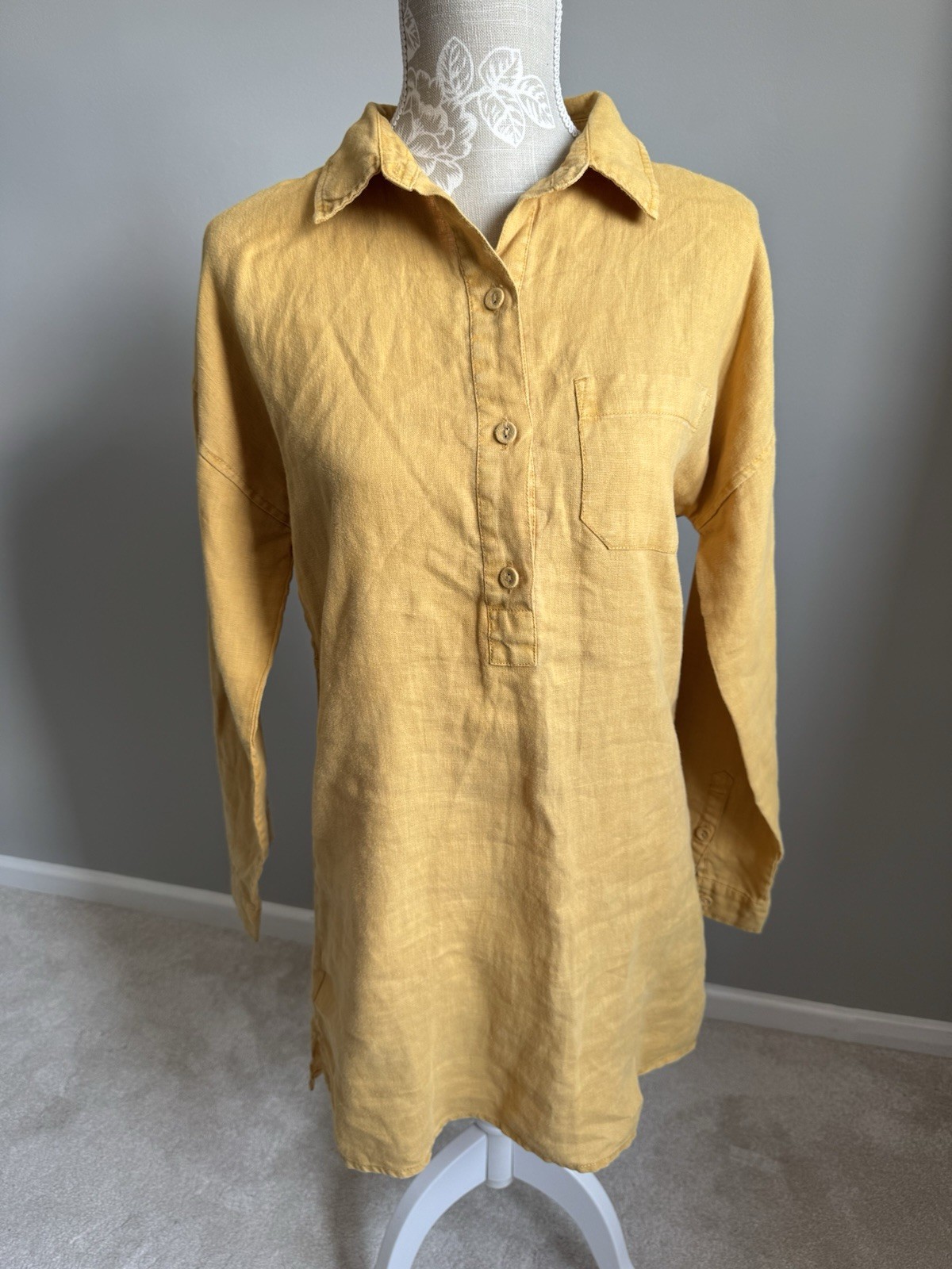 SEASALT ‘NICKY BERRY SHIRT’ 100% LINEN MUSTARD LONG SLEEVE SIZE 8 RELAXED TUNIC