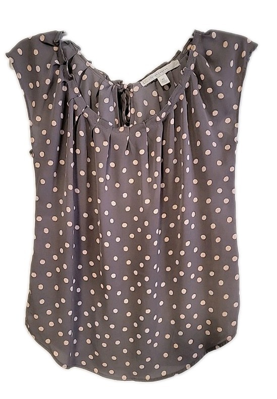 LC Lauren Conrad Womens Blouse Top Polka Dot Back Satin Tie Neck Gray Sz XS NEW