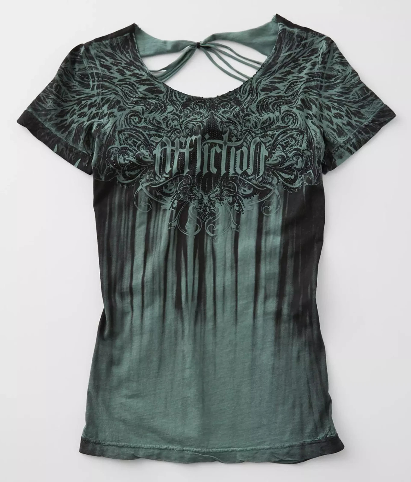Women’s Affliction Briessa Baby ForestBlack Rhinestone Y2K T-Shirt Top Tee M-XL