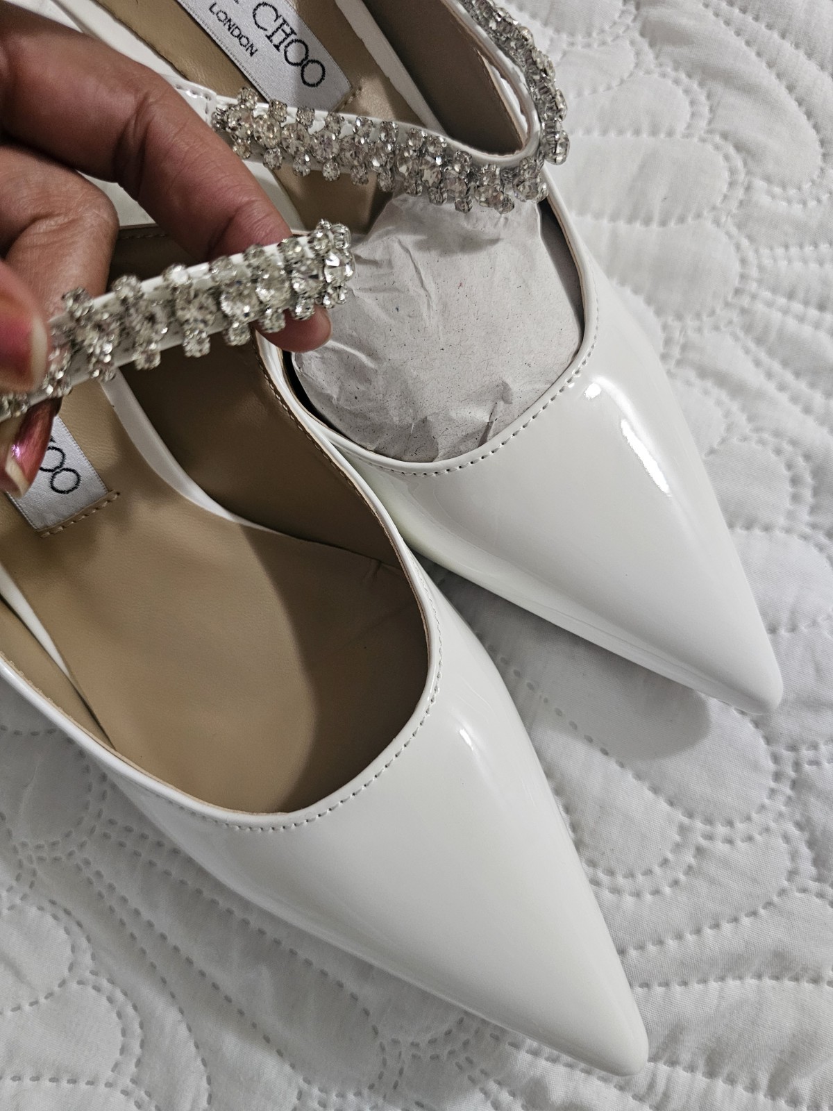 White Patent Leather Pointed Toe Mule Heels Rhinestone Straps US 7.5