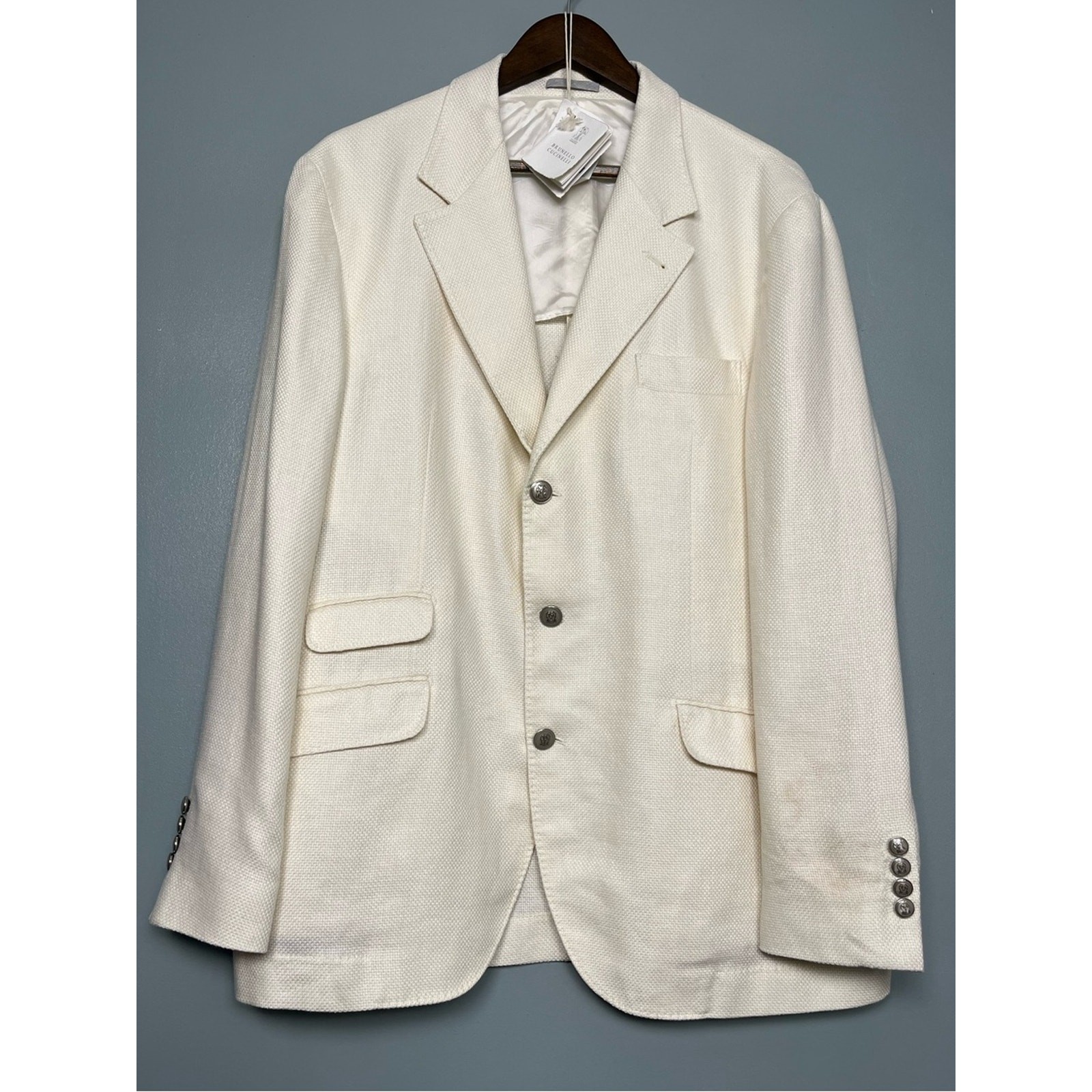 Brunello Cucinelli Mens Linen Silk Wool Cream Textured Three Button Blazer IT 56