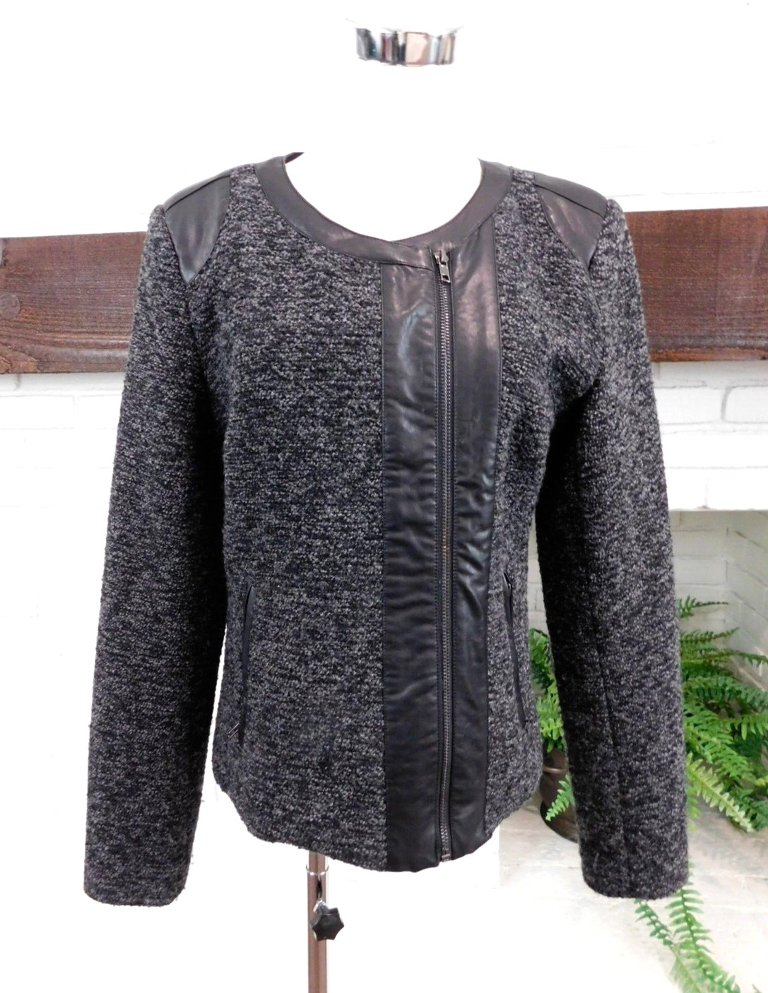 MOTO STYLE TWEED JACKET WOOL WINTER 548 SAKS FITH AVE BRAND Sz M FAUX LEATHER