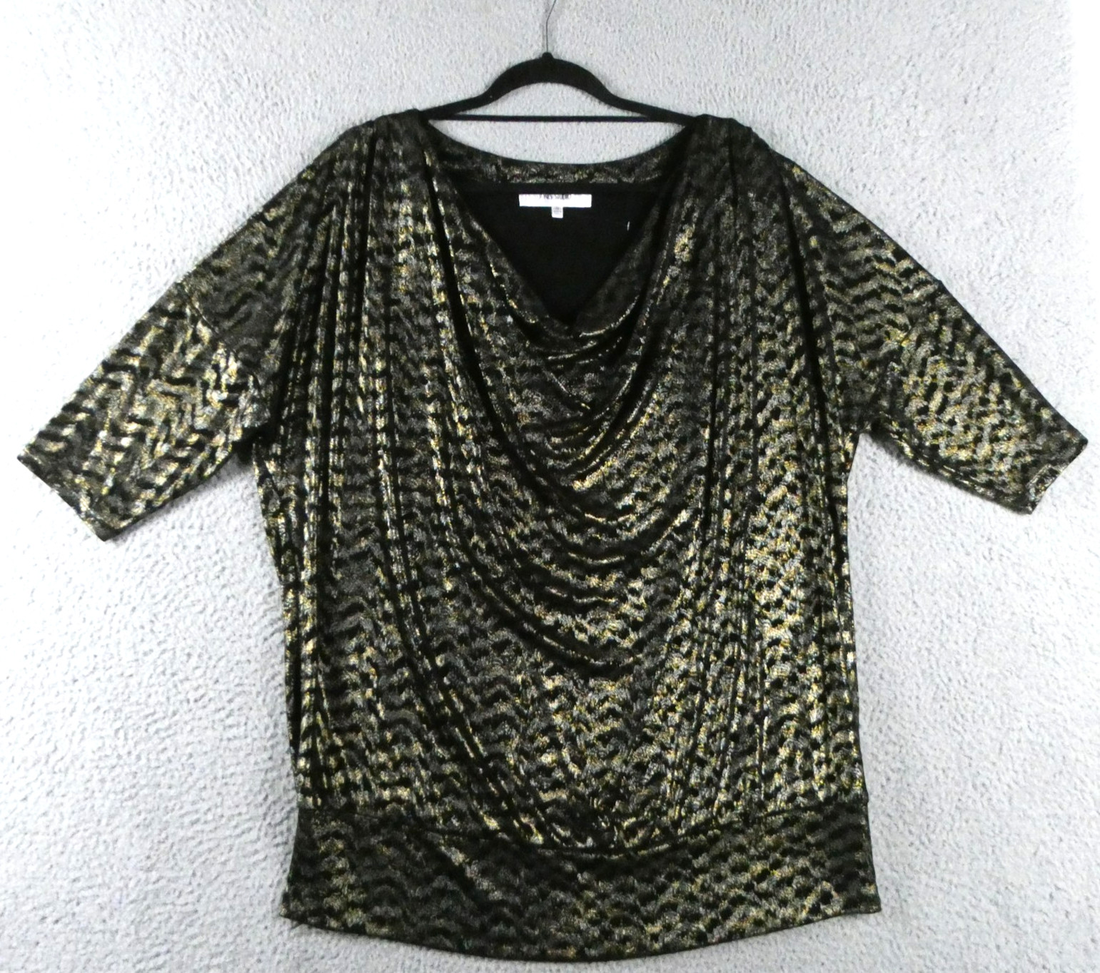 Jones Studio Metallic Blouse Womens 1X Black Cowl Neck Dolman Tunic Party Holida