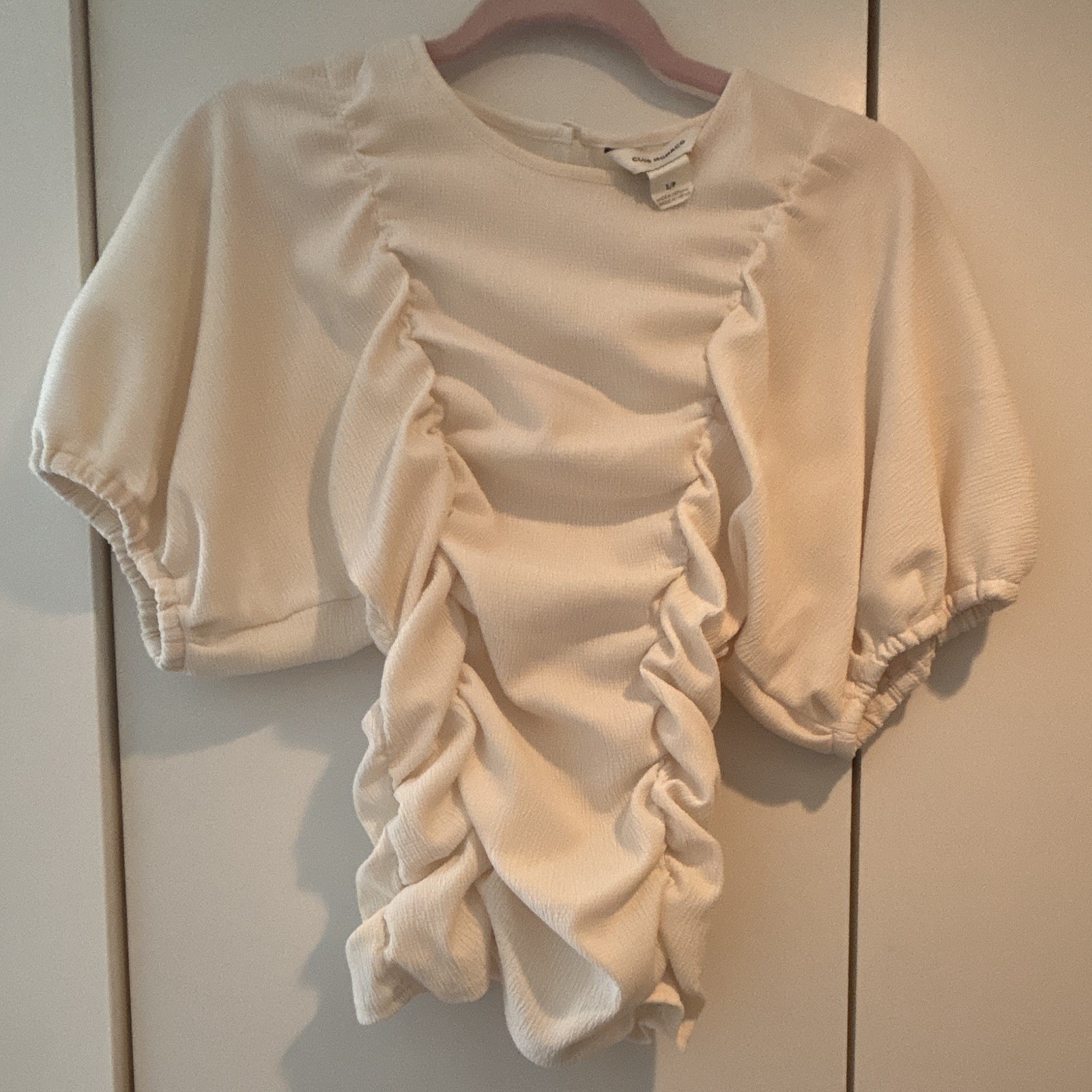 Club Monaco Ivory Crepe Ruched Ruffle Puff Sleeve Round Neck Cropped Blouse S/P