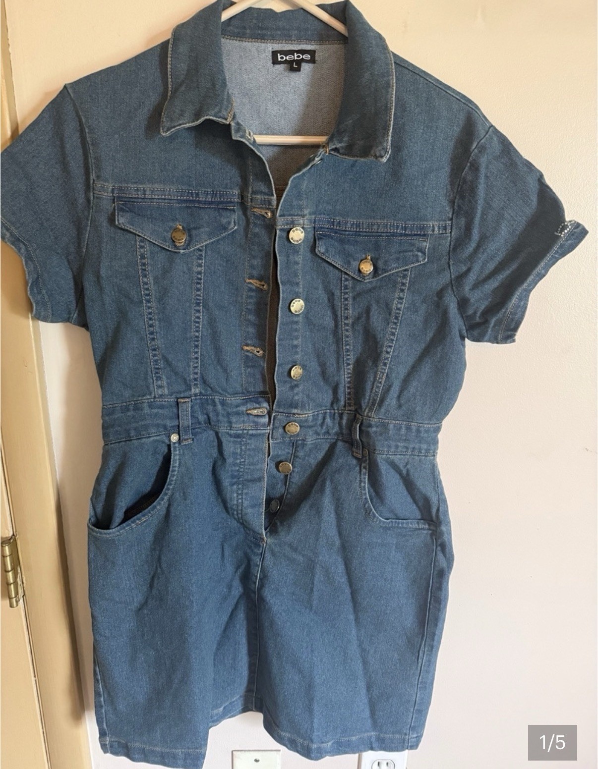 bebe Blue Denim Dress Women’s L Short Sleeve Button-Front Collared