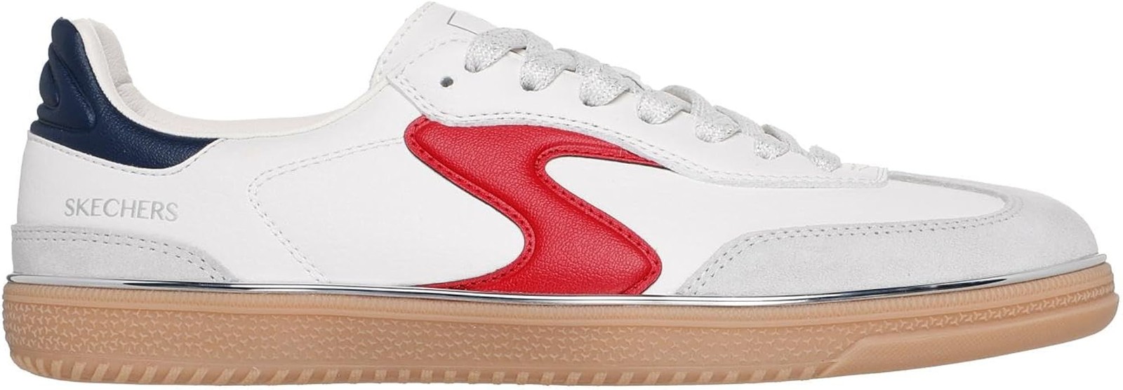 Skechers Womens Hotshots Living Luxe – White Duraleather Leather Navy Red Trim –