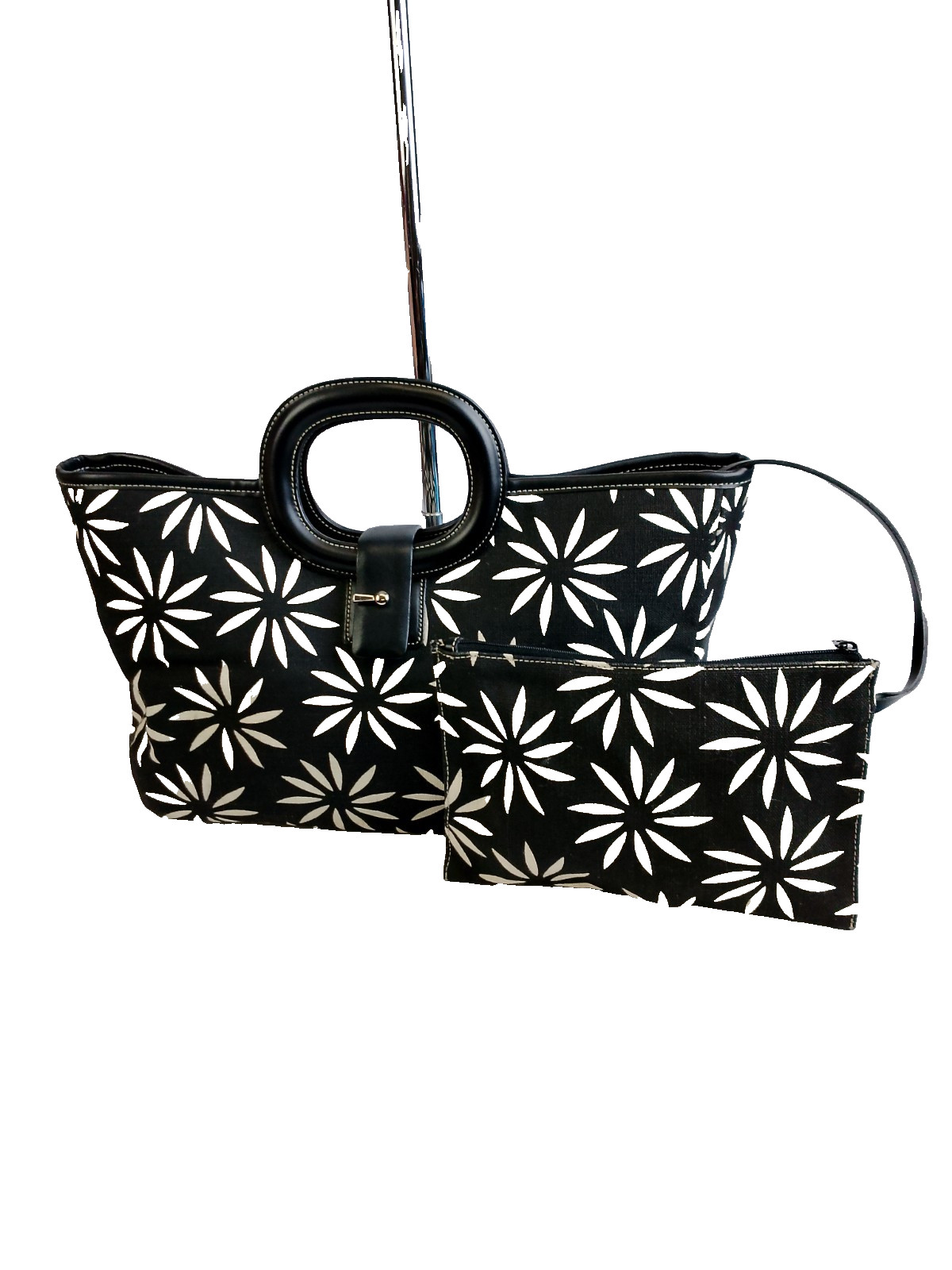 MAXX NEW YORK Black Canvas Fabric Leather Handbag Purse with Attach Cosmetic Bag