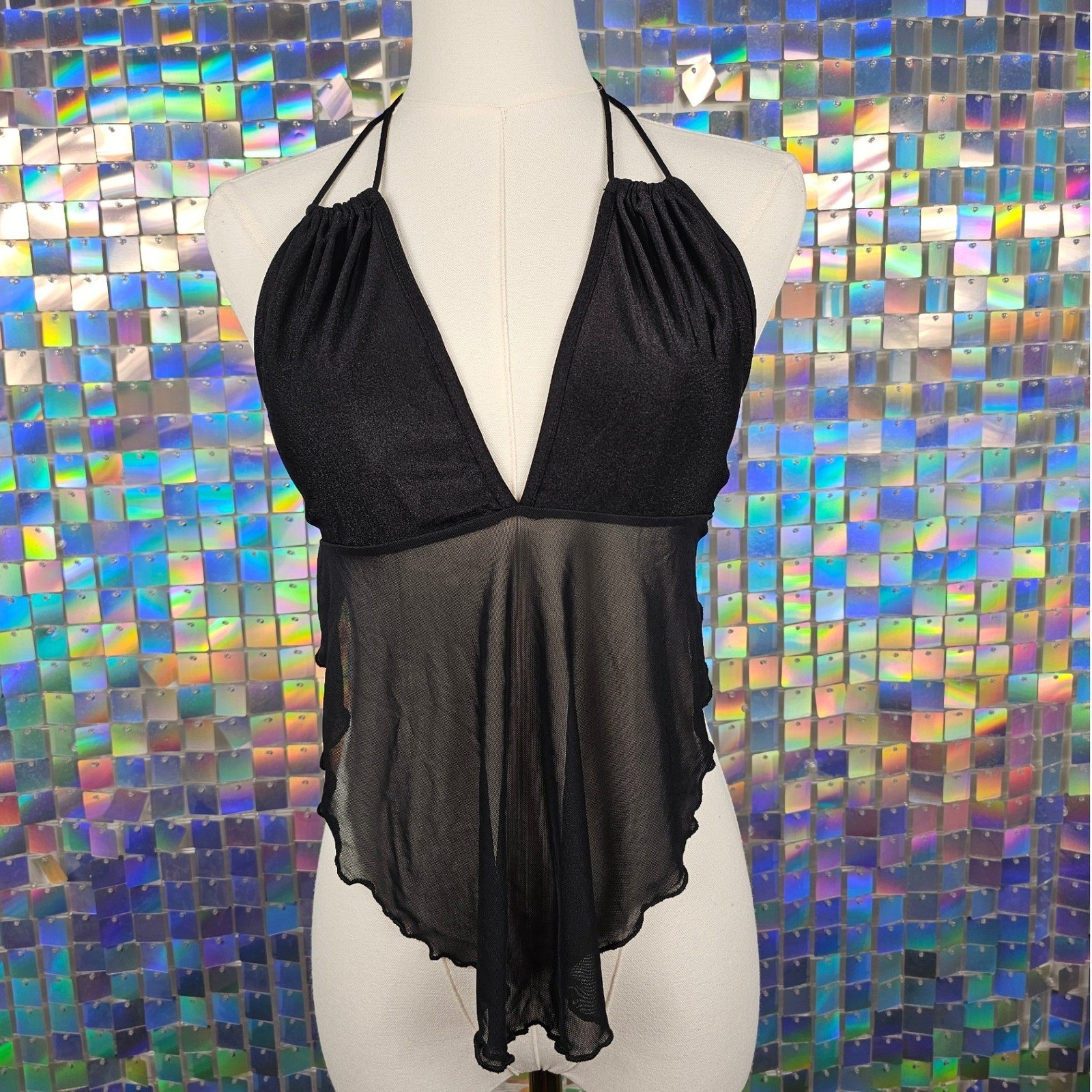 SHEIN Black Mesh Halter Top Handkerchief Hem XL US 12 Rave Clubwear